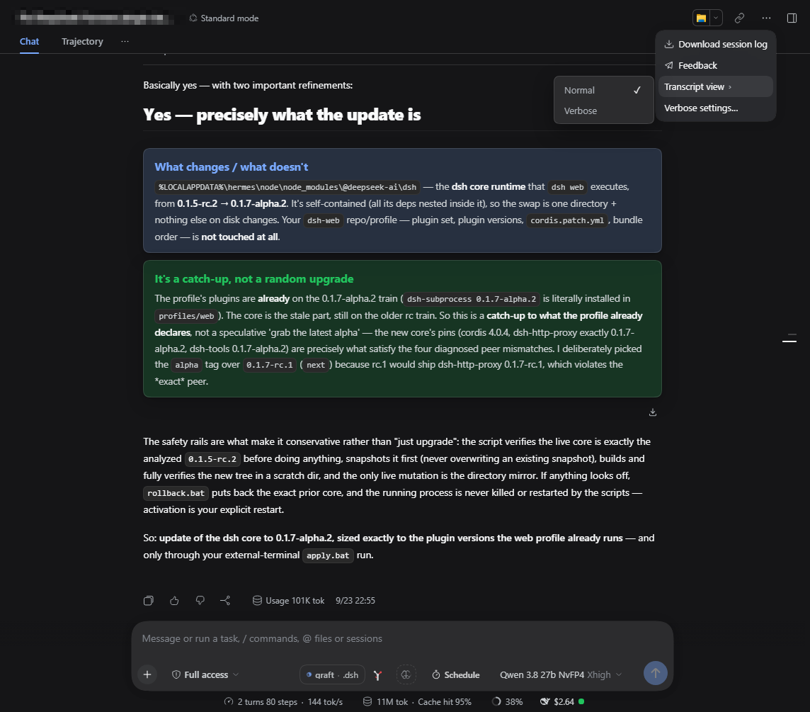 Transcript view submenu with the per-chat switch