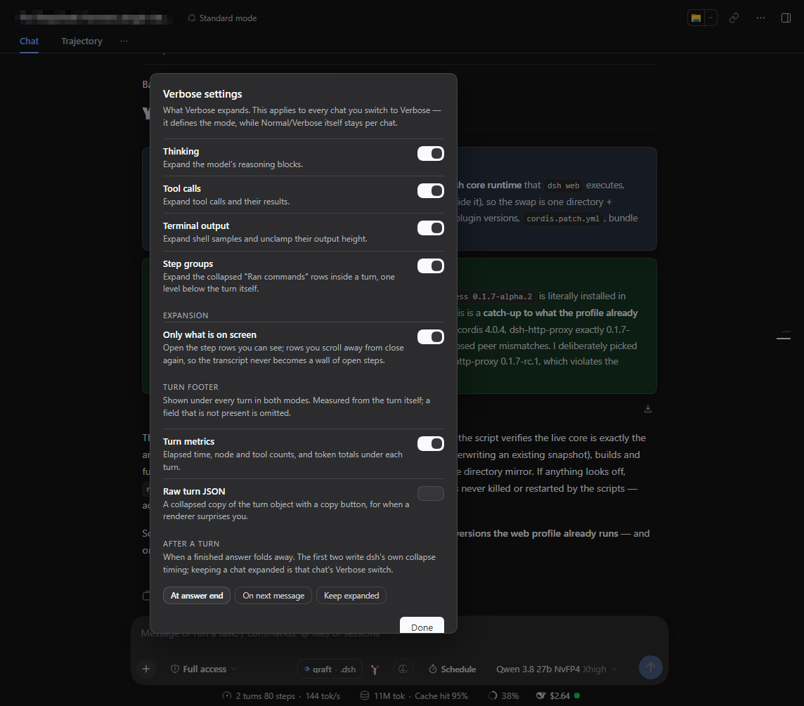 The dialog: the three category switches, the expansion scope, the turn footer, and the fold choice
