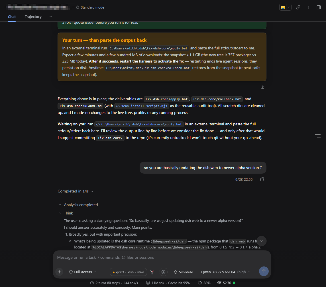 A Verbose chat: step groups and reasoning open as the reader scrolls